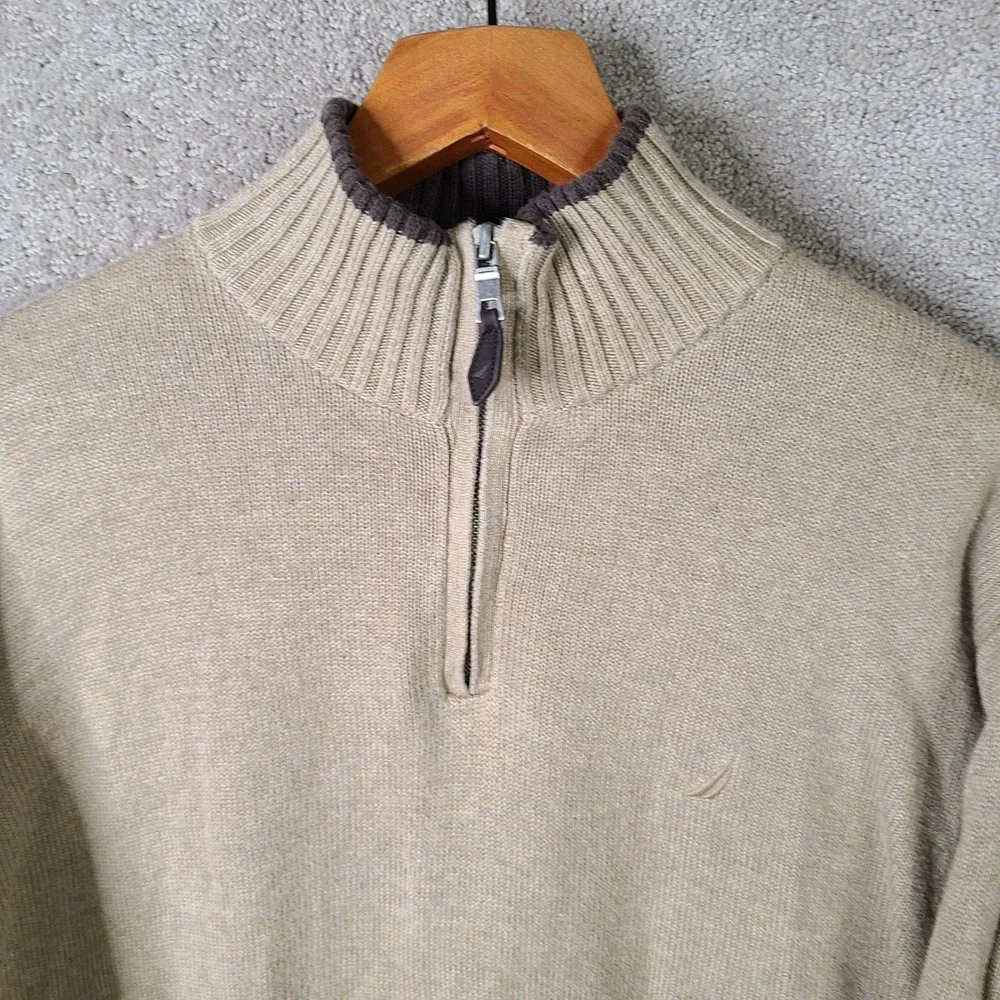 Nautica Sweater Mens Large Tan Quarter Zip Pullover Cotton Long Sleeve Casual‎